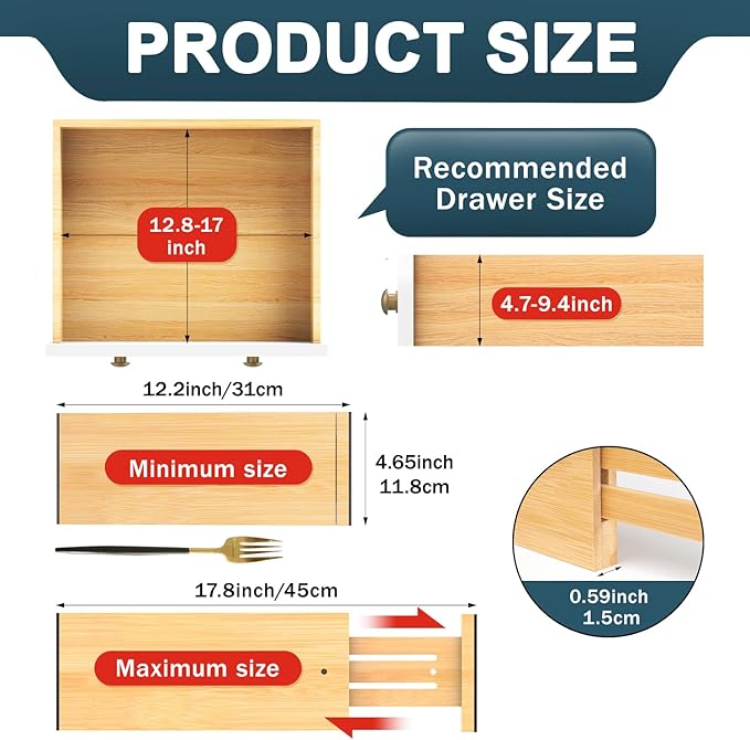 Lzerking Kitchen Drawer Dividers 6 Pack, 4.65" High Adjustable Bamboo Drawer Organizers for Clothes (12-17.5"), Spring Loaded, Expandable Utensil Organizer for Kitchen Storage, Dresser, Bedroom
