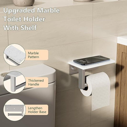 Marble Toilet Paper Holder with Shelf, Evolvegoods Brushed Nickel Bathroom Toilet Paper Holder Wall Mount, 304 Stainless Steel Modern Toilet Paper Roll Holder Storage Tissue Holder