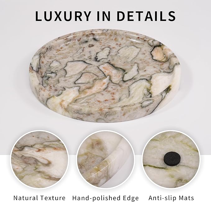 LWALMS Marble Perfume Jewelry Tray - Stone Trinket Ring Key Purse Holder Dish, Round Plate Decorative Bowl for Nightstand Entryway Coffee Table Decor (7.9 inch)