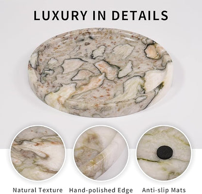 LWALMS Marble Perfume Jewelry Tray - Stone Trinket Ring Key Purse Holder Dish, Round Plate Decorative Bowl for Nightstand Entryway Coffee Table Decor (7.9 inch)