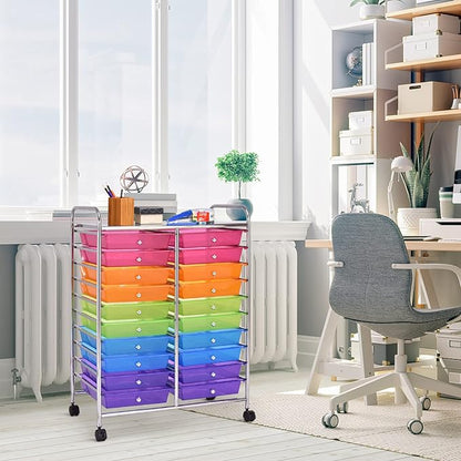 Rolling Cart with 20 Drawers, 20 Tiers Multicolor Trolley, Drawer Bin Carts with 2 Lockable Wheels, Adjustable File & Debris Organizer Cart, Rolling Storage Cart for Office, School, Home