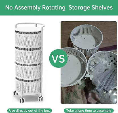 JAQ Rotating Storage Carts No Assembly, 4-Tier Round Storage Basket Rack Shelf Organizer on Rolling Wheels for Fruit Vegetables Grocery Corns Potato Onion Snack in Kitchen Pantry (4-Tier, White)