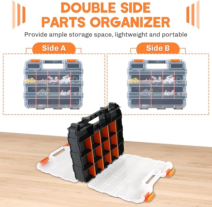 Small Parts Organizer | Storage Case Tools Box Organizer 34-Compartments Double Side Organizer Box with Removable Dividers for Small Hardware, Screws, Bolts, Nuts, Nails, Beads, Jewelry (2)