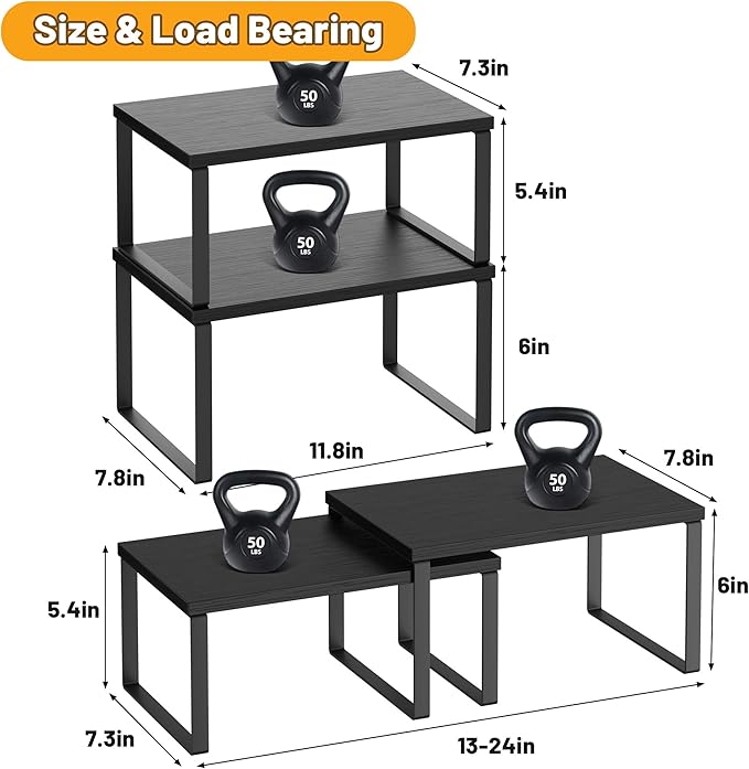 Selefrecos Kitchen Cabinet Organizer Shelf Set of 4, Sturdy Kitchen Counter Shelves with Metal Legs, Stackable Expandable Wood Spice Rack Pantry Cupboard Dish Mug Cup Storage Organizer Shelf, Black