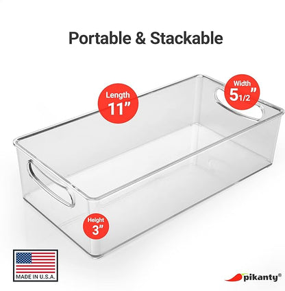 Pikanty - 11-Inch Refrigerator Organizer Bin with Handles - Clear Plastic Storage for Fridge, Pantry, or Countertop - Dishwasher Safe - Made in the USA