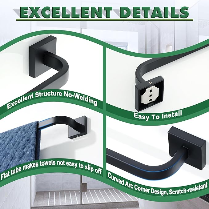 Alise 10'' Towel Bar for Bathroom,Towel Holder Black Towel Racks for Bathroom Wall Mount,SUS304 Stainless Steel Towel Rail Towel Hanger for Walls,Matte Black Finish