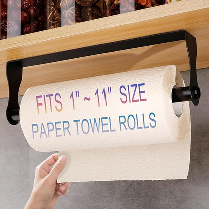 Black Paper Towel Holder Under Cabinet,Wall Mount Self Adhesive Paper Towel Rack for Kitchen,Stainless Steel hanging Paper Towel Rolls Holder,No more worrying about the paper roll falling off