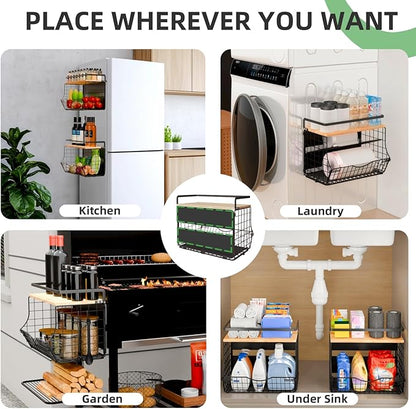 NRSVIAN Magnetic Shelf for Fridge with Wood Lid, Fruit Potato and Onion Storage Bins, Kitchen Large Container Magnetic Spice Rack for Refrigerator, Kitchen Counter, Tools, Snack (BLACK, 2 Pack)