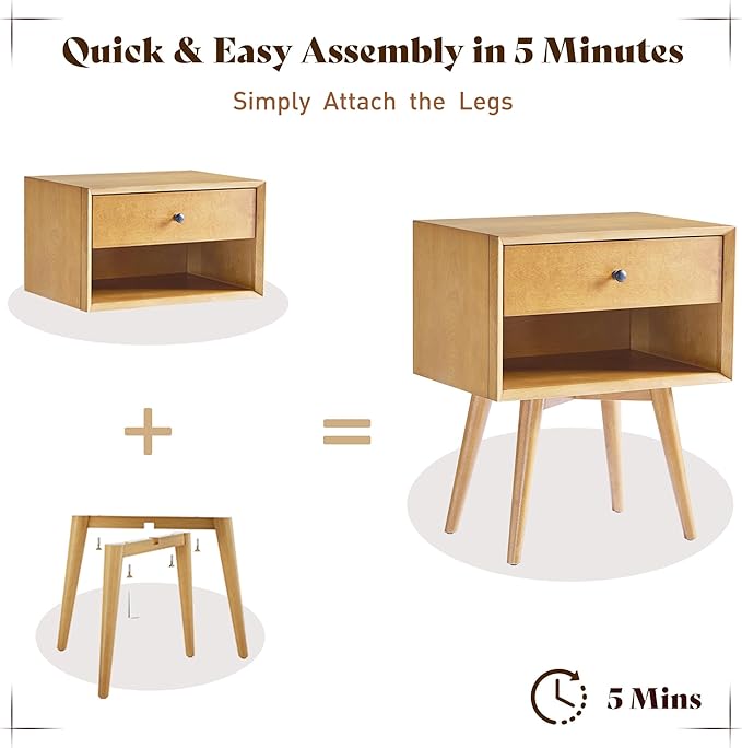 AMERLIFE Solid Wood Nightstand Set of 2, Fully Assembled End Table with Storage Drawer & Open Cubby, Mid-Century Modern Side Table for Bedroom, Natural