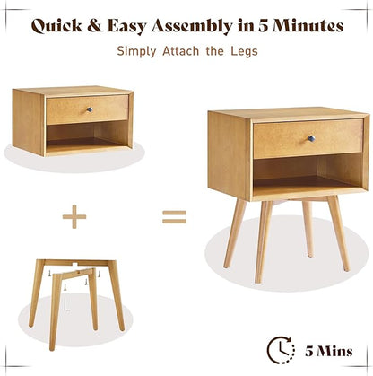 AMERLIFE Solid Wood Nightstand Set of 2, Fully Assembled End Table with Storage Drawer & Open Cubby, Mid-Century Modern Side Table for Bedroom, Natural