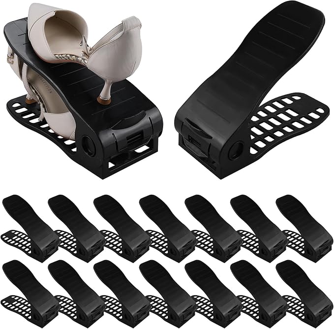 HOMOKUS Shoe Slots Organizer,16 Pack Adjustable Shoe Stackers,Double Layer Shoe Rack Holder,Four Position Flexible Adujstable Shoe Storage Slot for Closet Organization,Entryway (Black)