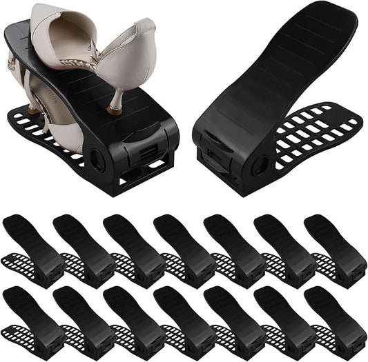 HOMOKUS Shoe Slots Organizer,16 Pack Adjustable Shoe Stackers,Double Layer Shoe Rack Holder,Four Position Flexible Adujstable Shoe Storage Slot for Closet Organization,Entryway (Black)