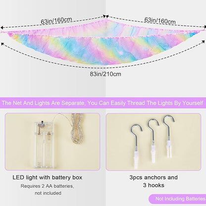 Unicorn Castle Stuffed Animals Net or Hammock Kids Toy Storage Organizer with LED Light Hanging Corner Stuffed Animals Holder Kids Girls Room Decor,Rainbow-A,XLarge (Pack of 1)
