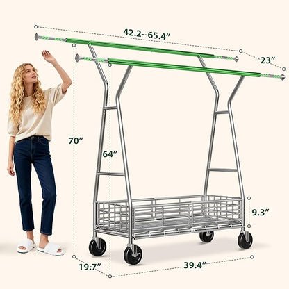 Raybee Heavy Duty Clothes Rack 630LBS, Double Rods Clothing Rack with Storage Basket, Portable Garment Rack for Heavy Clothes, Extendable & Adjustable, Bedroom, Closet, Commercial