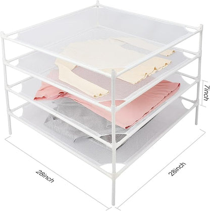 Sweater Drying Rack Flat, Metal Tube Mesh Clothes Drying Rack for Laundry with Rubber Feet, Stackable Laundry Clothing Dryer Rack for Art, Clothes, Indoor & Outdoor, White, 4-Layer
