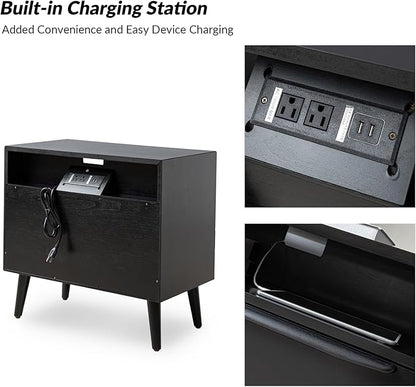 HULALA HOME End Table with Charging Station, Mid-Century Modern 2 Drawer and Open Shelf, Fluted End Table（Black）