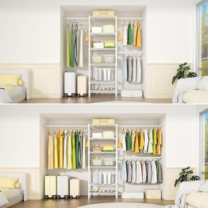 Ulif M5 Wall Mounted Clothes Garment Rack, Heavy Duty Closet Storage and Organizer with 6 Shelves and 3 Expandable Hanger Rods, Space Saver Suit (46.2-102.4)" W x 14" D x 83.1" H, White