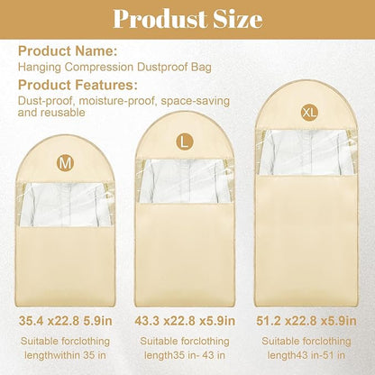 Space Saving Hanging Garment Bag with Self Compression Seal, Large Clear Garment Storage Bags for Jackets and Suits, Closet Bags Clothes (Beige, 3PCS(XL))