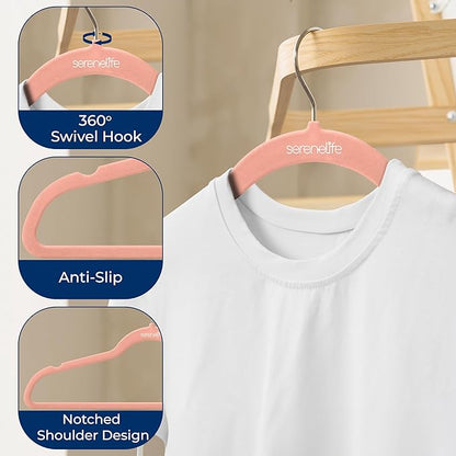 SereneLife 30 Pack Velvet Hangers – Non-Slip Clothes Hangers with Heavy Duty Design, Slim Space-Saving Coat Hangers with 360° Swivel Hook, Strong Lightweight Closet Organizer Set for Clothes (Pink)