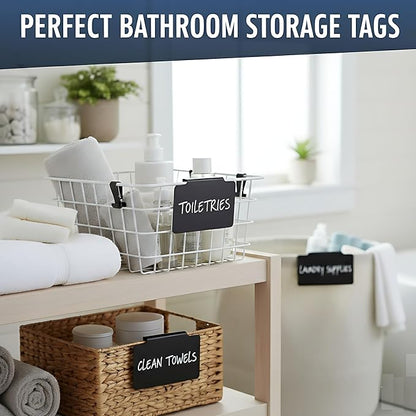 30 Basket Labels Clip On for Pantry Organization and Storage 3x4 inch - Plastic Baskets Bin Labels - Small Chalk Labels for Baskets - Black Bin Clip Labels for Baskets - Dry Erase Basket Tags