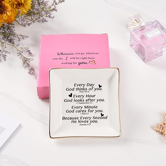 Spegiffu Christian Gifts for Women Faith Jewelry Dish with Bible Verse Prayers, Religious Gifts Scripture Gifts Spiritual Gifts for Women Men Friends Birthday - Every Second God He Loves You