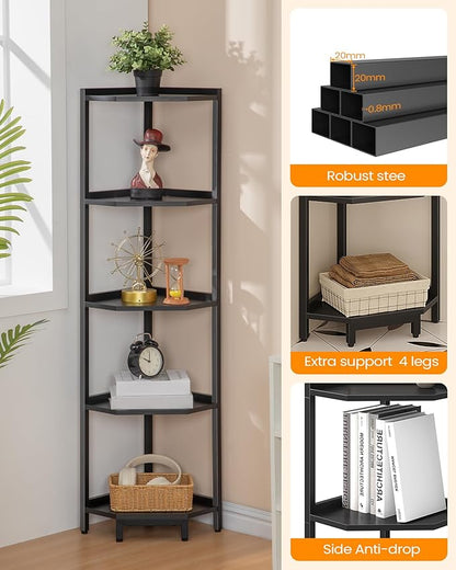 Corner Shelf Stand, Corner Bookshelf, Storage Standing Shelf Unit with Metal Frame, Plant Stand, Corner Bookcase for Living Room, Home Office, Bedroom, 5-Tier Black CS05906B