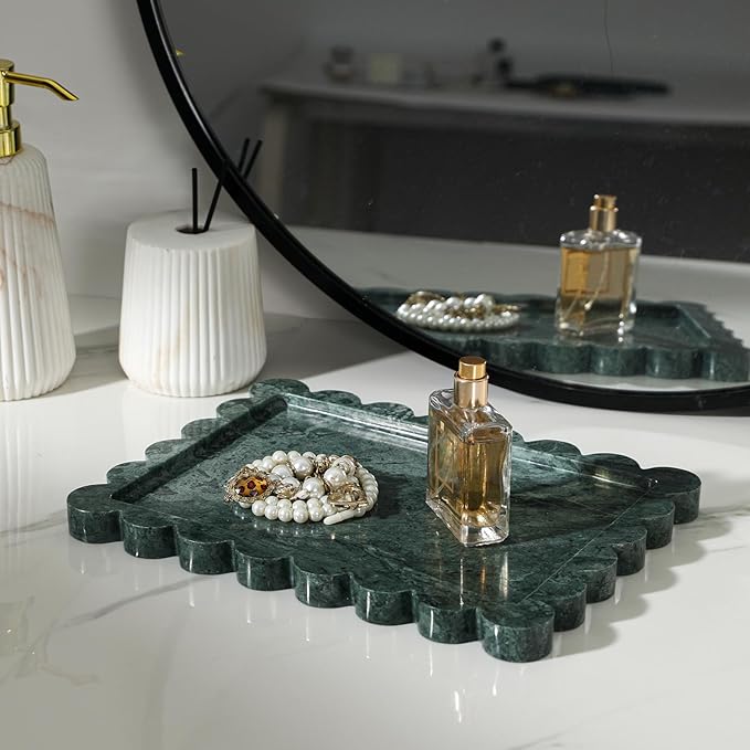 Faticdorr Natural Marble Scalloped Tray 10.8" x 8", Marble Vanity Tray for Jewelry Trinket Cosmetics Perfume Candle, Luxury Decorative Trays for Bathroom Kitchen Dresser Countertop, Green