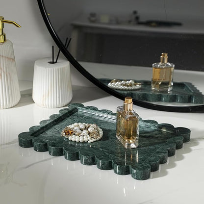 Faticdorr Natural Marble Scalloped Tray 10.8" x 8", Marble Vanity Tray for Jewelry Trinket Cosmetics Perfume Candle, Luxury Decorative Trays for Bathroom Kitchen Dresser Countertop, Green