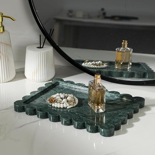 Faticdorr Natural Marble Scalloped Tray 10.8" x 8", Marble Vanity Tray for Jewelry Trinket Cosmetics Perfume Candle, Luxury Decorative Trays for Bathroom Kitchen Dresser Countertop, Green