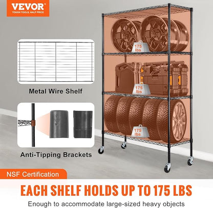 VEVOR Storage Shelving Unit, 4-Tier Adjustable Storage Shelves, 48" L x 18" W x 74" H Garage Storage Shelves, Metal Shelves with Wheels for Kitchen Pantry Basement Bathroom Laundry