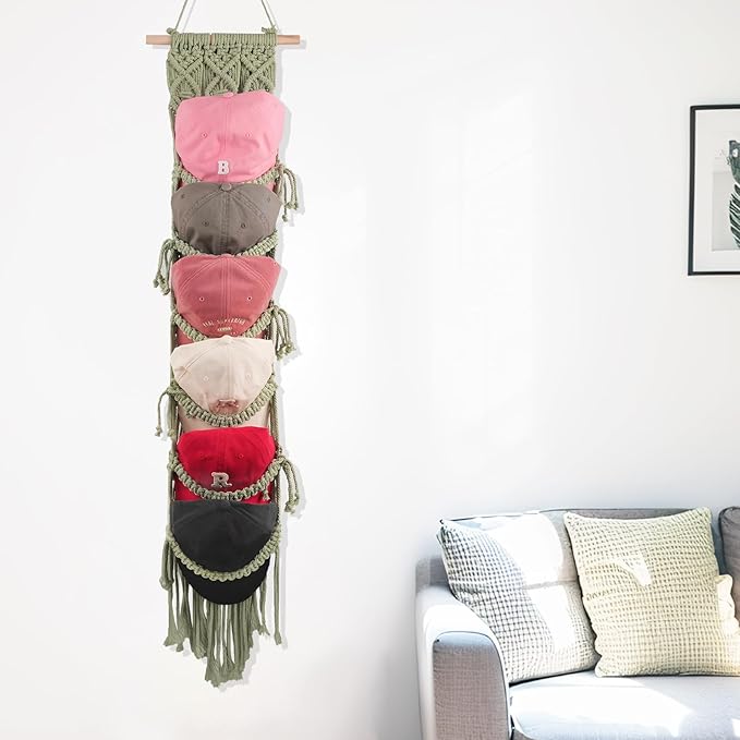 KaloKalo Macrame Cap Holder Boho Hat Hangers Over Door Ball Cap Rack Organizer Decorative Bohemian Handmade Woven Wall Hanging for Baseball Cap Display Decoration (Green, Up to 12 Caps)