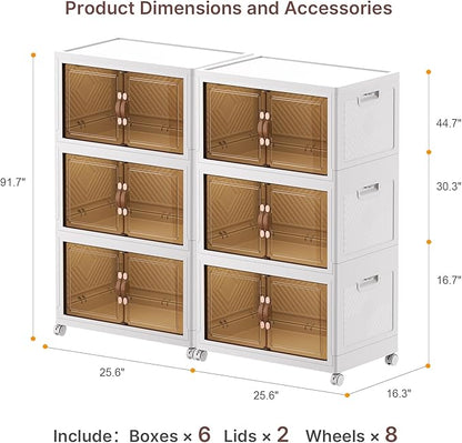 Extra Large Stackable Storage Bins, Lockable Storage Bins with Lids, Folding Storage box with Doors and Wheels, Collapsible Plastic Drawers for Home, Garage, Office (6, White, Large)