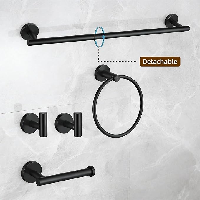 5Pcs Matte Black Bathroom Hardware Towel Bar Accessories Set 23.6 Inch SUS304 Stainless Steel Bath Towel Racks with Toilet Paper Holder Shelf for Bathroom Kitchen Wall Mounted, Middle Removable