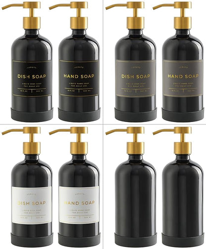 Hand and Dish Soap Dispenser for Kitchen and Bathroom, Set of 2 16 Oz Glass Bottles, Stainless Steel Pumps, Non-Slip Silicone Base, 27 Waterproof Labels (Gloss Black Bottle/Brushed Gold Pump)