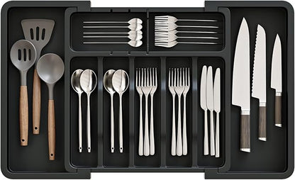 Silverware Organizer, Expandable and Adjustable Kitchen Utensil Drawer Organizer, Plastic Cutlery Holder with Multiple Compartments, Cutlery Holder,for Spoons Forks Knives, Black, UAFD011B