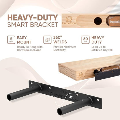 Homeforia Wood Floating Shelf 12 inch, High End Solid Natural Wood 12inch Floating Shelves for Wall Mounted, Unfinished Small Wooden Floating Shelves, Heavy Duty Bracket, 12 X 6.5 X 1.75 in, Set of 4