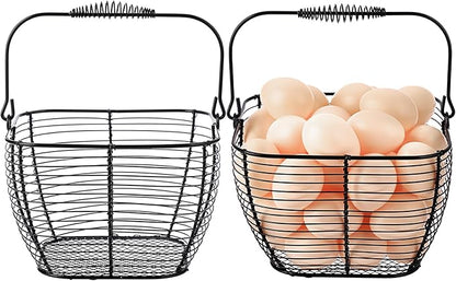 2 PCS 7" Black Square Wire Egg Baskets for Fresh Egg With Handle, Small Metal Collecting Basket for Gathering Fresh Eggs, Chicken and Duck Eggs Hunting Basket Egg Holder Countertop