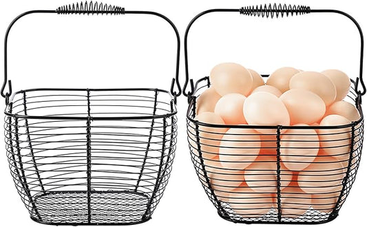 2 PCS 7" Black Square Wire Egg Baskets for Fresh Egg With Handle, Small Metal Collecting Basket for Gathering Fresh Eggs, Chicken and Duck Eggs Hunting Basket Egg Holder Countertop