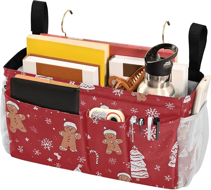 CuwrYet Bedside Caddy Hanging Bunk Bed Caddy Bed Organizer Hanging Pocket with 2 Hooks Bedside Storage Organizer Pocket Bag Holder Gingerbread Christmas Tree01