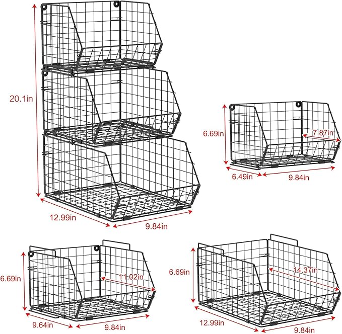 X-cosrack 3-Tier Stackable Wire Baskets for Pantry Organization and Storage, Kitchen Counter Basket for Potato Onion Storage, Fruit and Vegetable Storage Basket, Metal Baskets for Snack Produce Cans