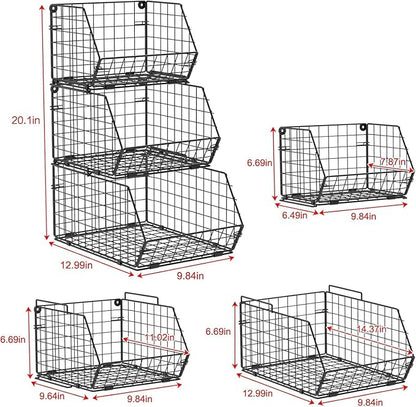 X-cosrack 3-Tier Stackable Wire Baskets for Pantry Organization and Storage, Kitchen Counter Basket for Potato Onion Storage, Fruit and Vegetable Storage Basket, Metal Baskets for Snack Produce Cans