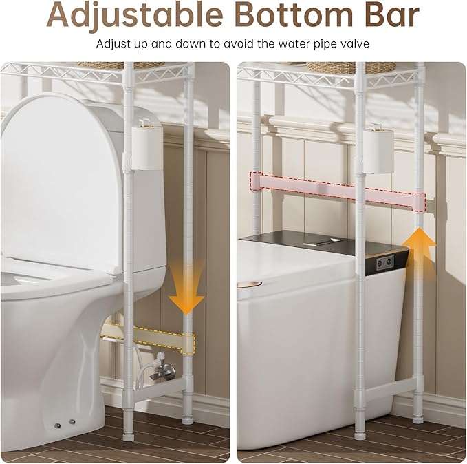 Golpart Over The Toilet Shelf,3-Tier Adjustable Freestanding Metal Bathroom Organizer Shelves with Toilet Paper Holder & Hooks,Space-Saving for Narrow Small Bathroom,10”D x 24”W x 66”H,White