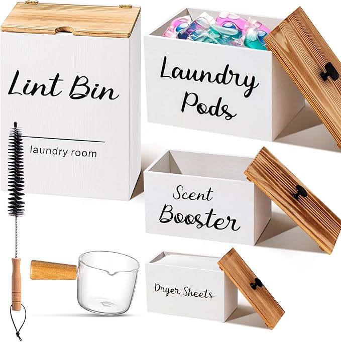 Dandat 4 Pcs Laundry Room Organization and Storage, Dryer Sheet Holder Laundry Pod Holder Scent Booster Container Magnetic Lint Bin with Scoop and Brush Wood Farmhouse Room Container(White)