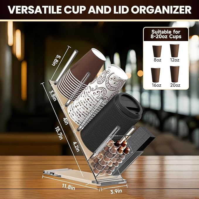 Acrylic Coffee Cup and Lid Organizer, Adjustable Cups and Lid Holder, 5 Compartment Coffee Cup Holder for Disposable Paper Plastic Cups, Coffees Bar Organizers accessories