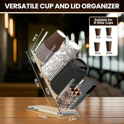 Acrylic Coffee Cup and Lid Organizer, Adjustable Cups and Lid Holder, 5 Compartment Coffee Cup Holder for Disposable Paper Plastic Cups, Coffees Bar Organizers accessories