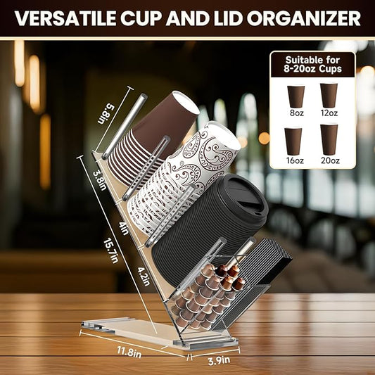 Acrylic Coffee Cup and Lid Organizer, Adjustable Cups and Lid Holder, 5 Compartment Coffee Cup Holder for Disposable Paper Plastic Cups, Coffees Bar Organizers accessories