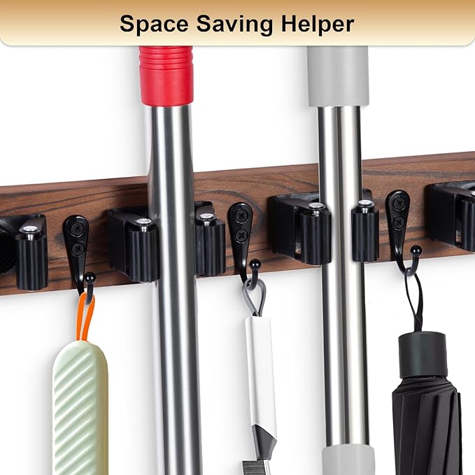 Broom Holder Wall Mount With 5 Slots & 4 Hooks，Rustic Wood Broom & Mop Hanger，Wall Mounted Garden & Garage Tool Storage Organizer Rack for Closet Laundry Room or Kitchen Wall Decor