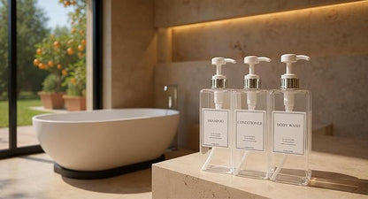 Modern Design Shampoo and Conditioner Dispenser, Large 27oz Shower Soap Dispenser, Set of 3 Refillable Empty Plastic Pump Bottles for Bathroom, 6 Waterproof Labels Included, (Clear & Silver)