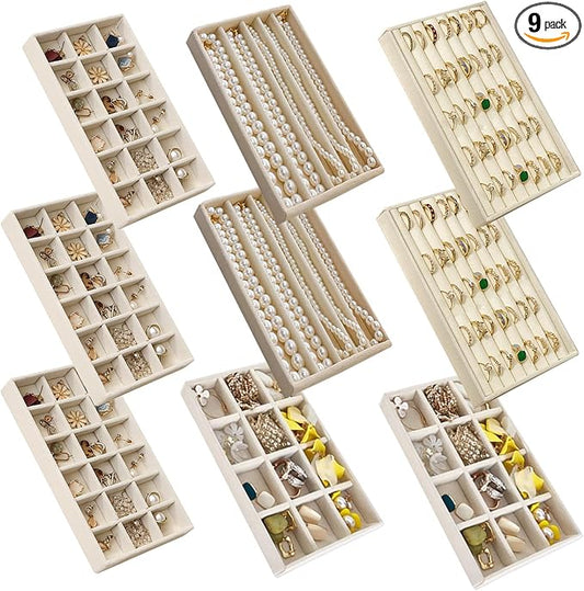SPAKOWN Jewelry Organizer for Drawer, Adjustable Velvet Jewelry Tray, Stackable Necklace Organizer Earring Holder Organizer Ring Tray Jewelry Storage Display Drawer Inserts Set of 9 (Beige)