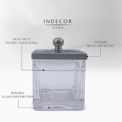 Indecor Home Apothecary Glass Cotton Jar Holder Brushed Nickel Stainless Steel Lid, Elegant Bathroom Storage Canister for Qtips, Cotton Balls, Floss, Makeup Organizer, Vanity Bathroom Organization